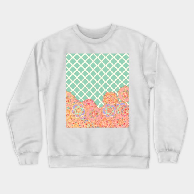 Floral Doodle on Mint Moroccan Lattice Crewneck Sweatshirt by micklyn